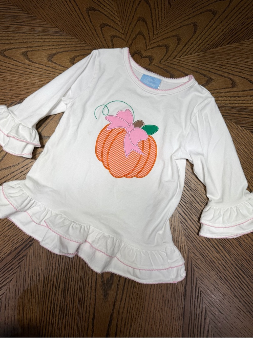 Classic Whimsy Girls White Pumpkin Appliqué Ruffle Top 4T